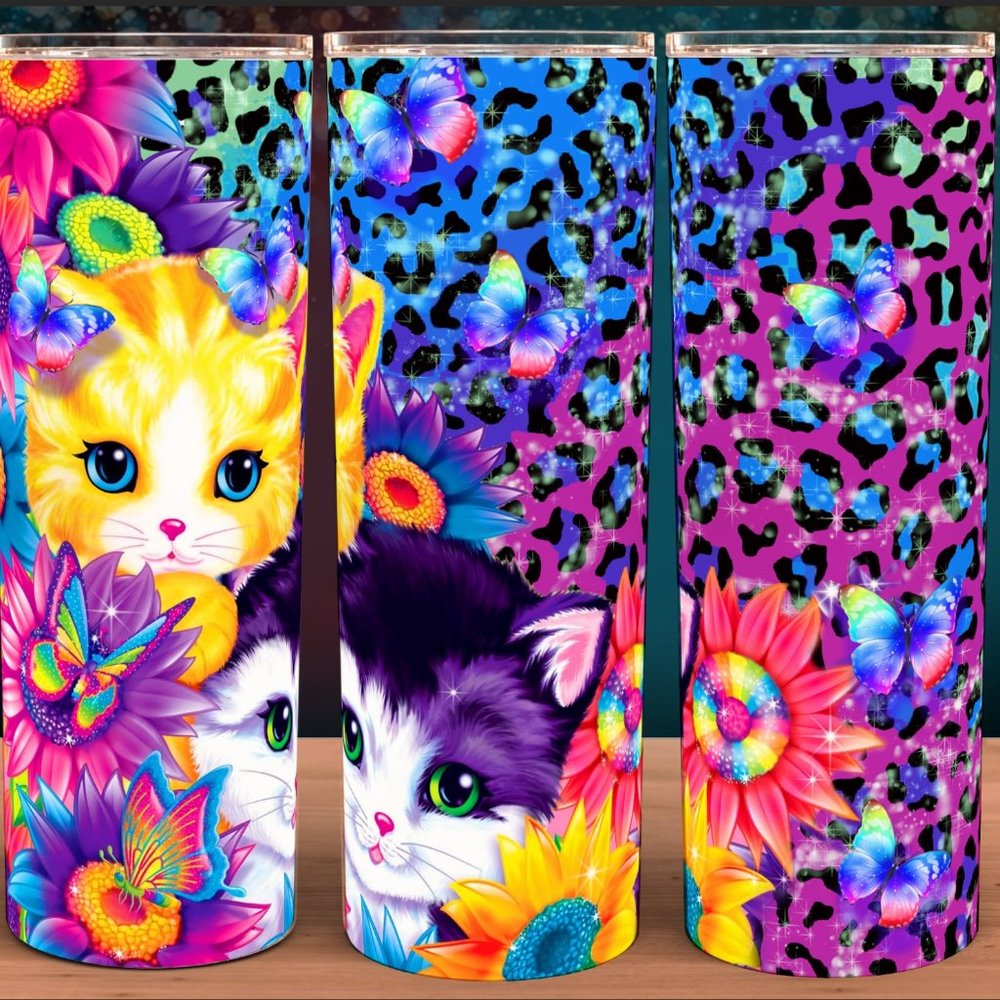 Lisa Frank Sunflower Kittens with Cheetah Print and Rainbow Butterfly Tumbler